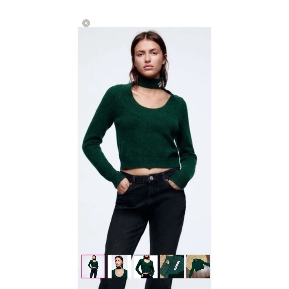 Stylish Zara forest green cropped sweater featuring a unique choker-style turtle
